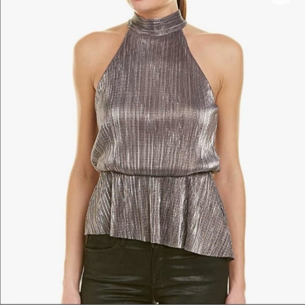 ASTR The Label Metallic Silver Pleated Halter Top XS Tie Back Mock Neck Peplum